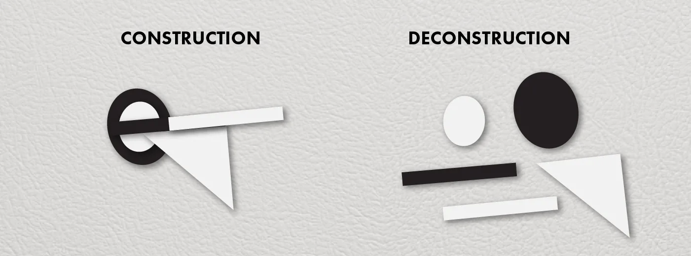 Side-by-side construction and deconstruction diagram showing how positive and negative oval shapes combine to form individual Fridgeface letterforms