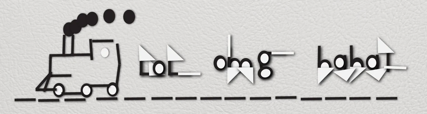 A playful arrangement of Fridgeface magnetic letters spelling out a phrase, demonstrating the system's participatory, toy-like quality